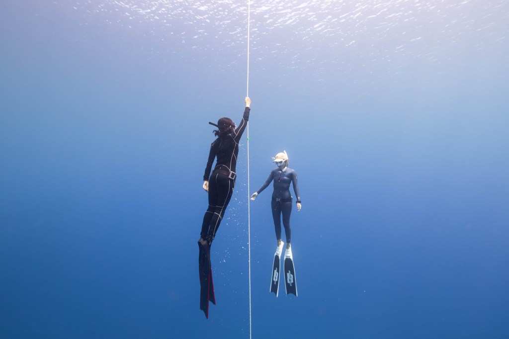 Two divers are underwater in clear blue water. One holds a guide rope, and both wear wetsuits, masks, and fins.