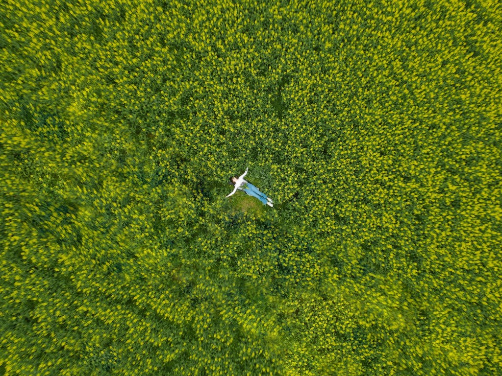 Luftaufnahme einer Person in weißem Hemd und blauer Jeans, die mit ausgestreckten Armen in einem üppigen grünen Feld liegt, umgeben von leuchtend gelben Blumen.
